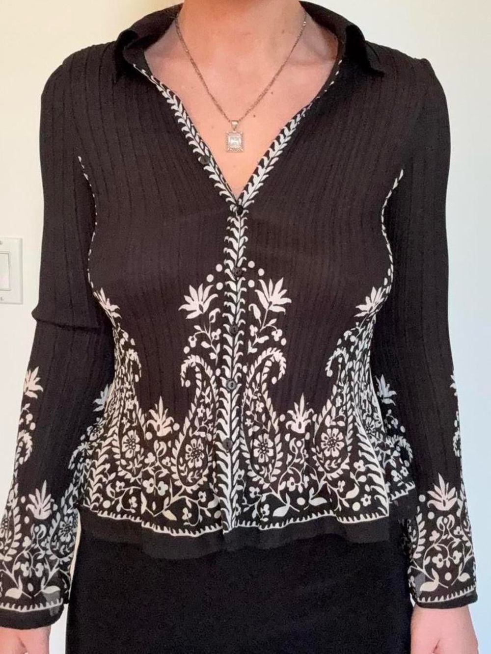 Black Long Sleeve Button-Front Top with White Floral Embroidery